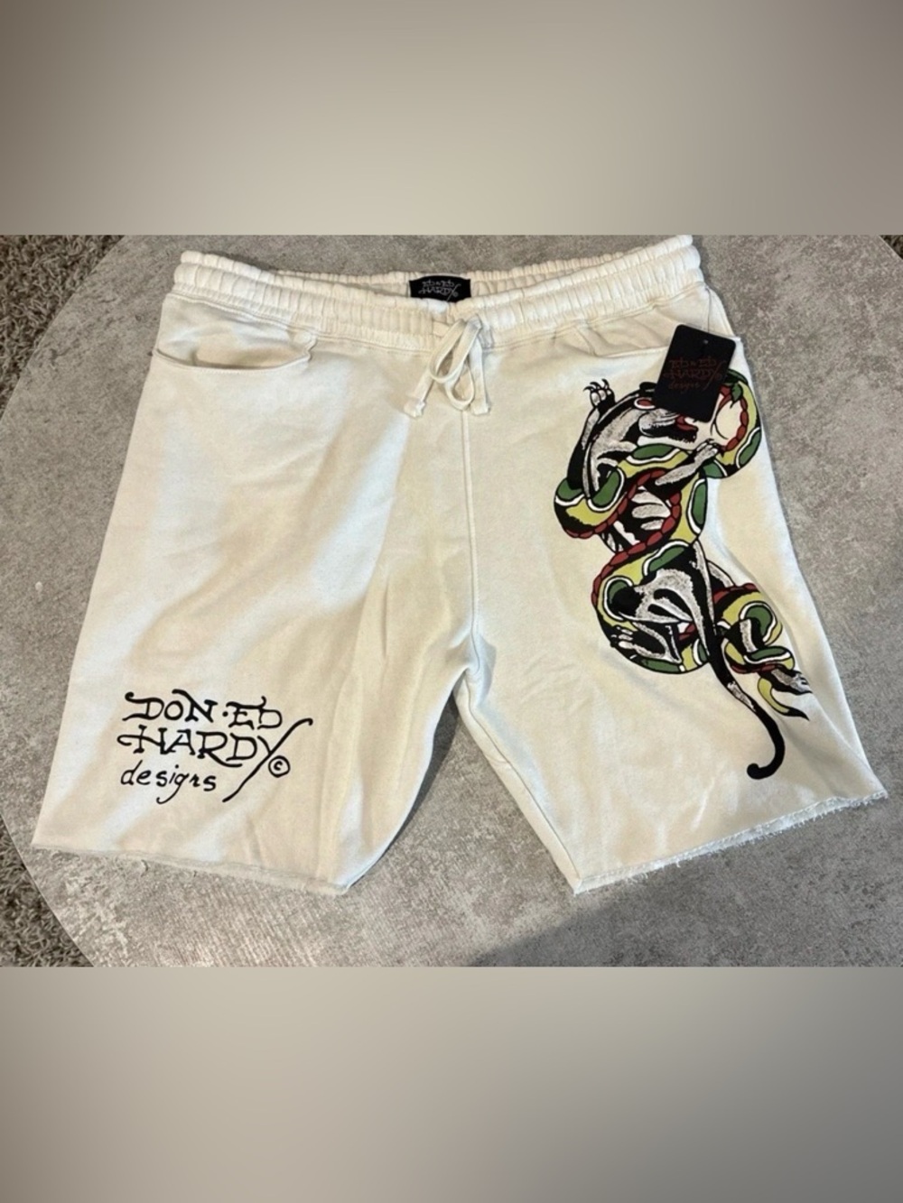 Ed Hardy Cream Drawstring Shorts with Multicolor Snake Graphic